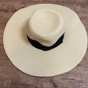 Tan Wide Brim Sunhat with Black Ribbon Accent One Size